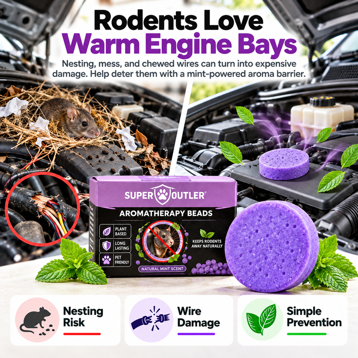 🐭🚫 Keep Mice & Rats Away! 🌿💜 Natural Peppermint Rodent Repellent Pucks 🚗🛡️ Protect Your Car Engine, Garage & Home 🏡✨ Long-Lasting Fresh Mint Scent