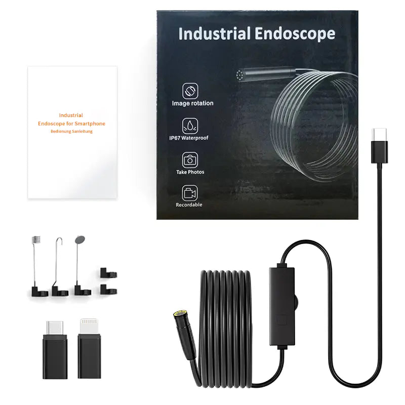 Endoscope camera kit with coiled cable, USB adapters, accessory attachments and user manual