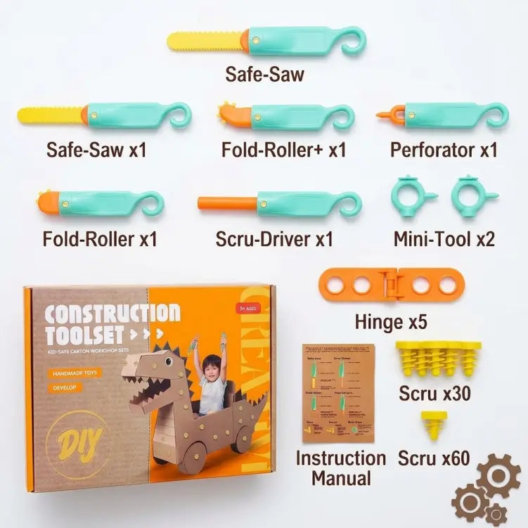 Cardboard construction tool set flat lay displaying saw folding rollers perforator screwdriver mini tools hinges reusable screws and instruction manual