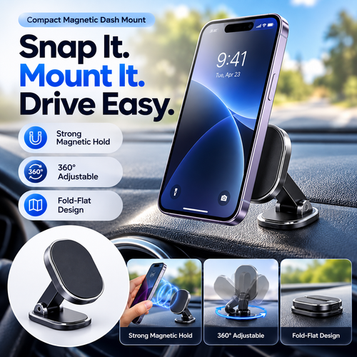 📱🚗 Foldable 360° Magnetic Car Phone Mount – Compact Multi-Angle Holder 🧲