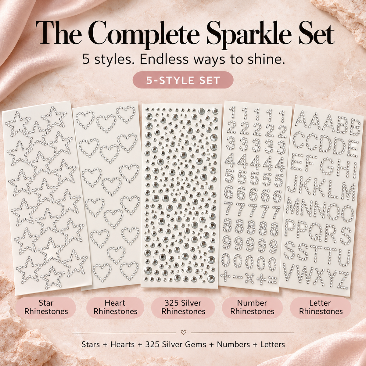 ✨💎 5-Style Rhinestone Hair Sticker Set | Letters, Numbers, Stars, Hearts & 325 Silver Gems | DIY Sparkling Hair Accessories for Parties, Festivals & Creative Hairstyles ⭐💖