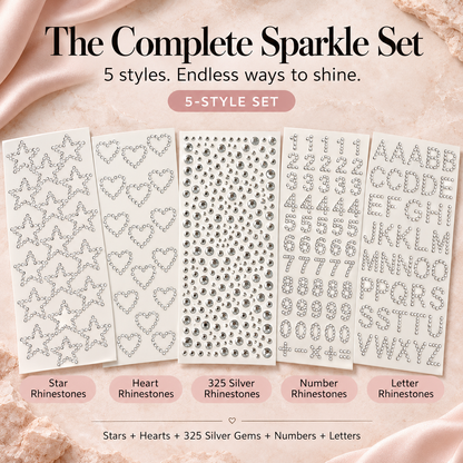✨💎 5-Style Rhinestone Hair Sticker Set | Letters, Numbers, Stars, Hearts & 325 Silver Gems | DIY Sparkling Hair Accessories for Parties, Festivals & Creative Hairstyles ⭐💖
