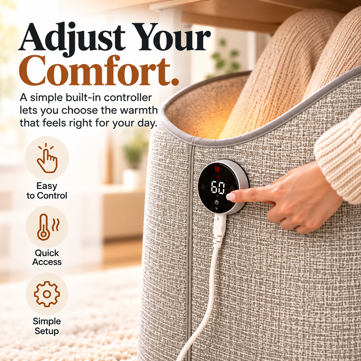 Close-up of the heated foot warmer's round digital display and touch-control panel