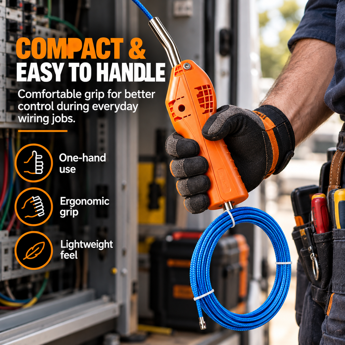 Electrician holding compact orange wire feeding tool with contoured hand grip