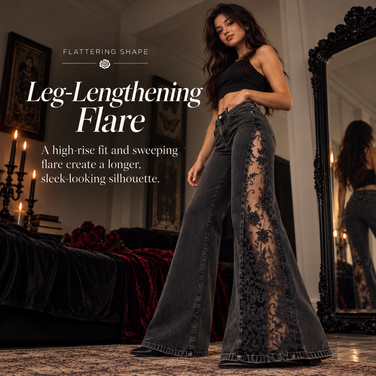 🖤🔥 Women's Gothic Black Flare Jeans 👖🌹 Sheer Floral Lace Side Panels ✨🦋 High-Waisted Wide-Leg Denim Pants | Sexy & Edgy Streetwear 💋