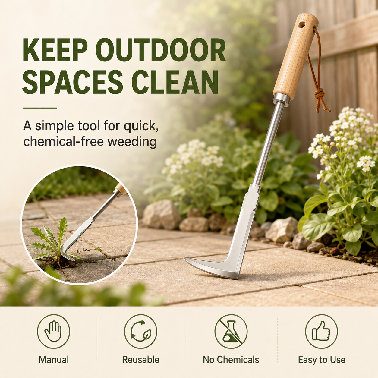 🌿Wooden Handle Crevice Weeder, Stainless Steel Manual Grass Remover for Patio, Pathways & Yards