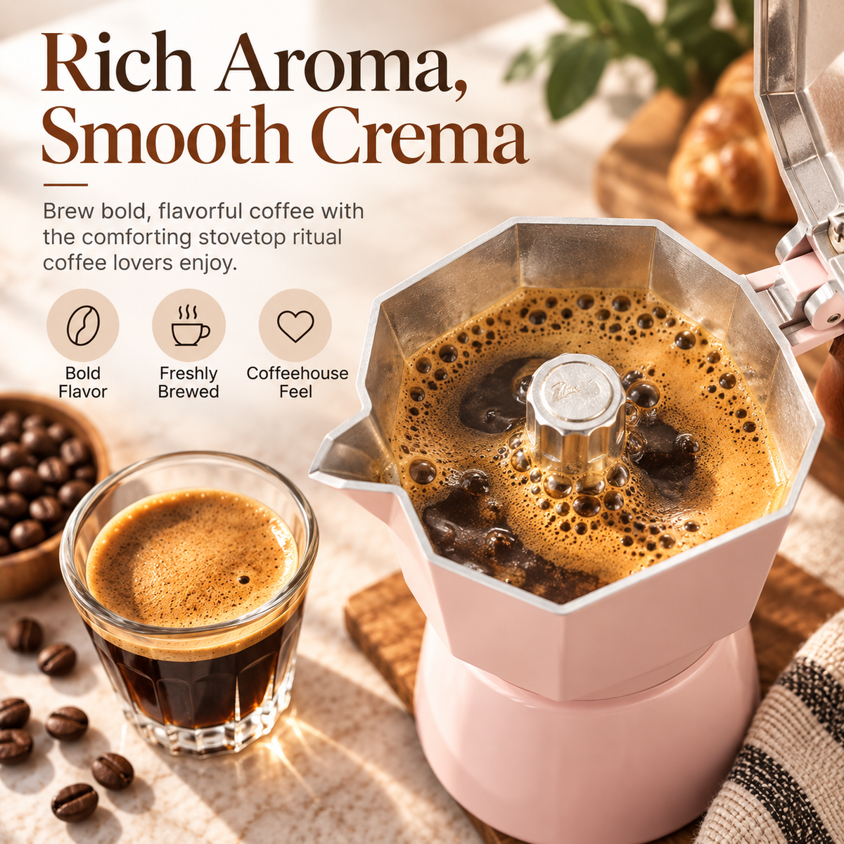 Fresh dark coffee brewed in compact pink stovetop moka-style coffee maker