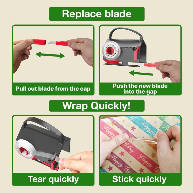 🎄FREE SHIPPING🎄Wrapping Paper Cutter(2-Pack) & Tape Dispenser Dual Use with 4 Tapes，2 Replace Blades Kit