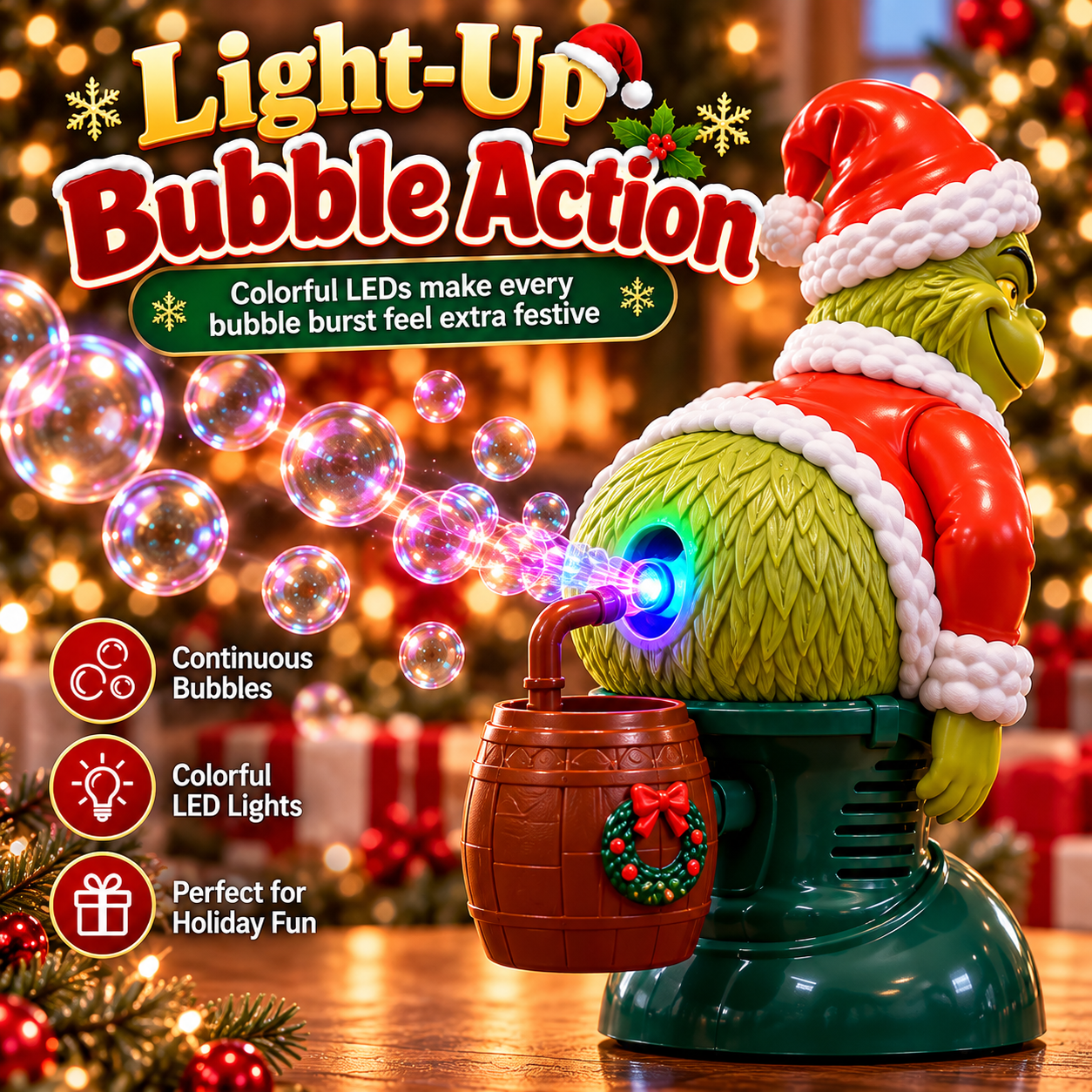 Close-up rear view of green Christmas character bubble blower producing continuous colorful bubbles with glowing LED nozzle