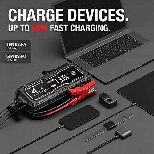 Jump starter powering phones tablets watches and laptop through USB outputs