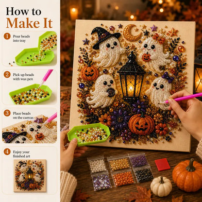 Spooky Cute Ghost Pearl Diamond Painting Kit – 8" x 8" Halloween DIY Wall Art & Craft Gift