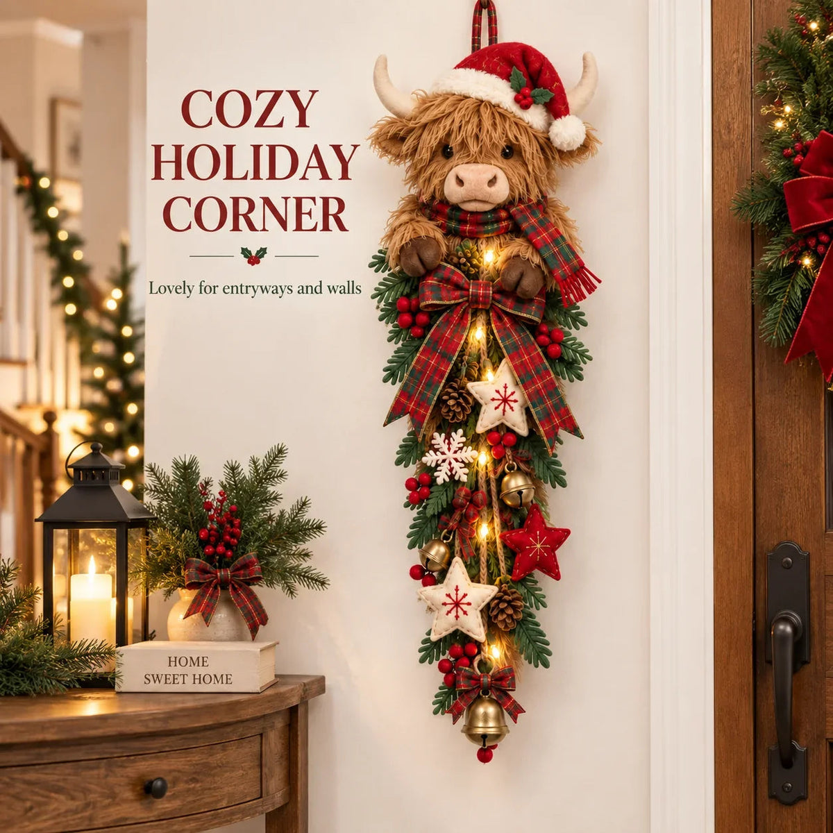 Lighted Highland Cow Christmas Door Swag - product image 7