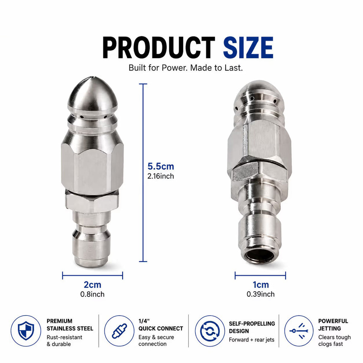 Stainless Steel Sewer Jetter Nozzle – 1/4' Quick Connect Drain Cleaning Attachment for Pressure Washers
