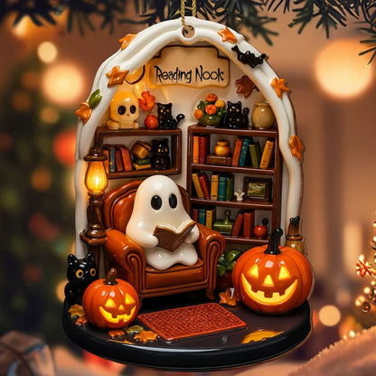 Halloween Reading Nook Wooden Ornament – Cozy Book Lover Gift