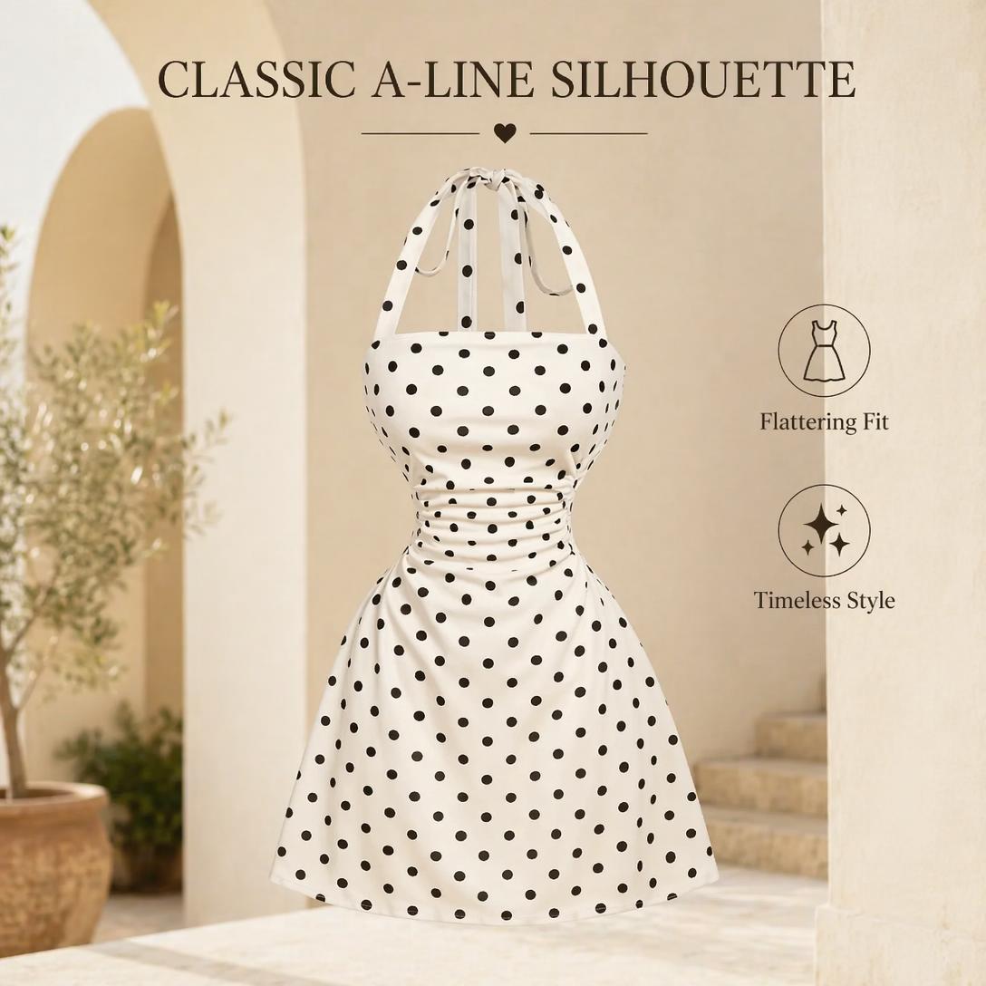 👗Women's Ruched Tie Back Halter Neck A-Line Mini Dress – Sleeveless Casual Summer Dress