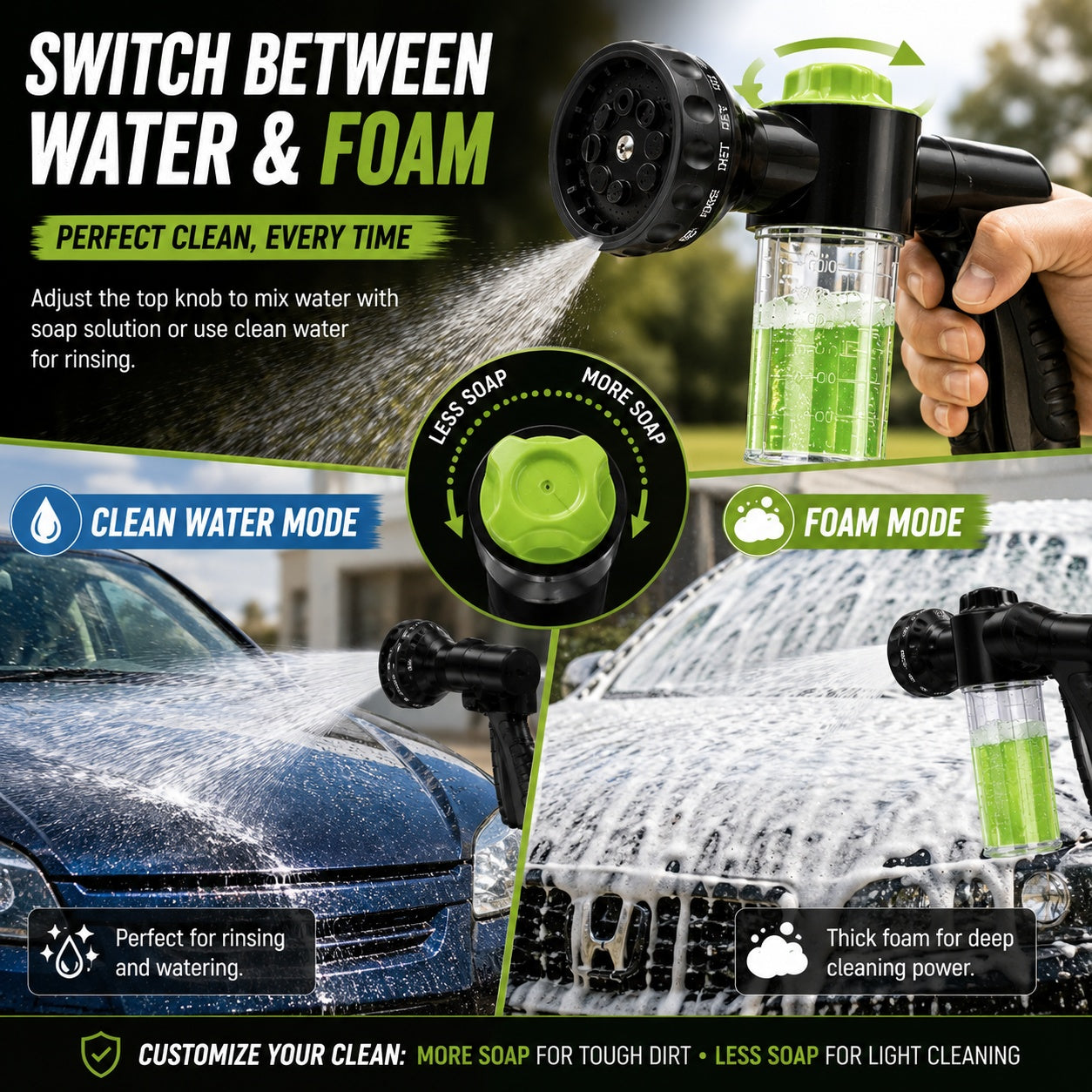 8-Pattern Garden Hose Nozzle with Built-In Soap Dispenser