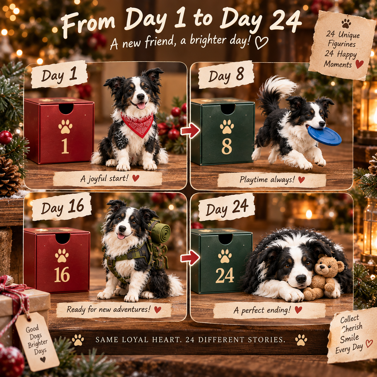 ❤️✨24 Days of Border Collie – 24 Unique Dog Figurines | Christmas Collectible Gift Set