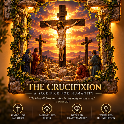 Crucifixion scene featured in the three-scene Christian wall decoration