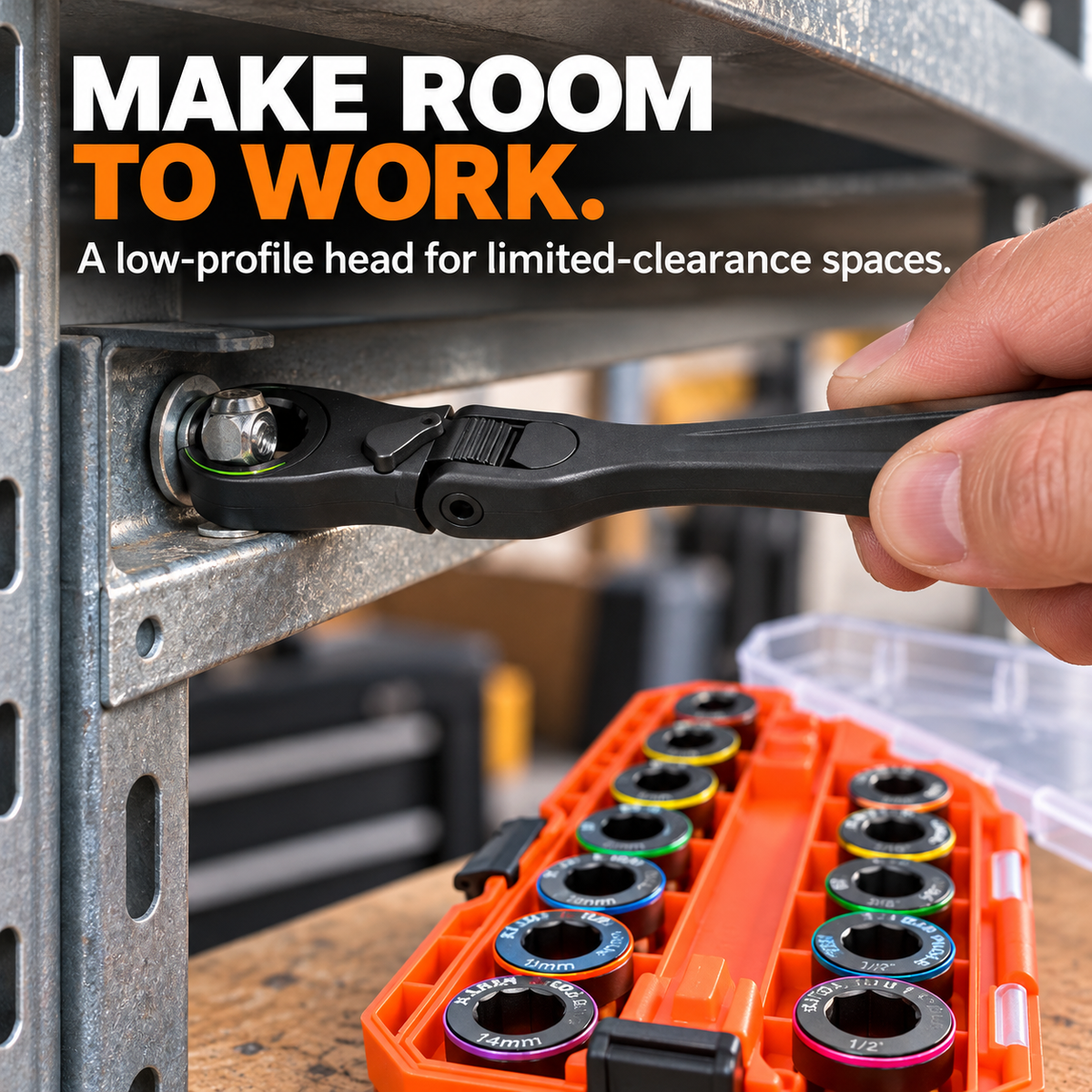 Low-profile pass-through ratchet working on a fastener beside a metal garage shelving bracket