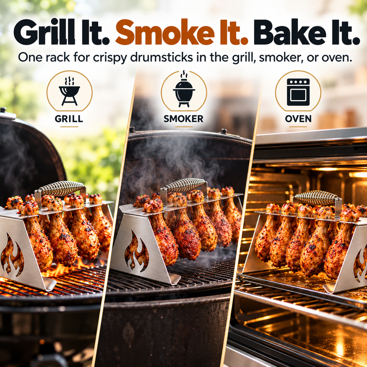 Chicken drumstick rack shown in grill smoker and oven