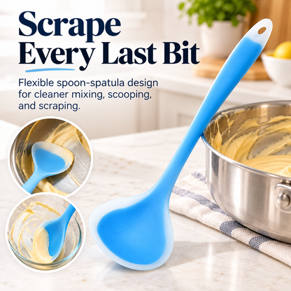 🍳✨ 2-in-1 Silicone Scraper Spoon 🥄💙 Flexible Edge for Easy Scooping, Mixing & Scraping 🧁🍯 Non-Scratch Kitchen Spatula 🍲🌈 5 Colors Available