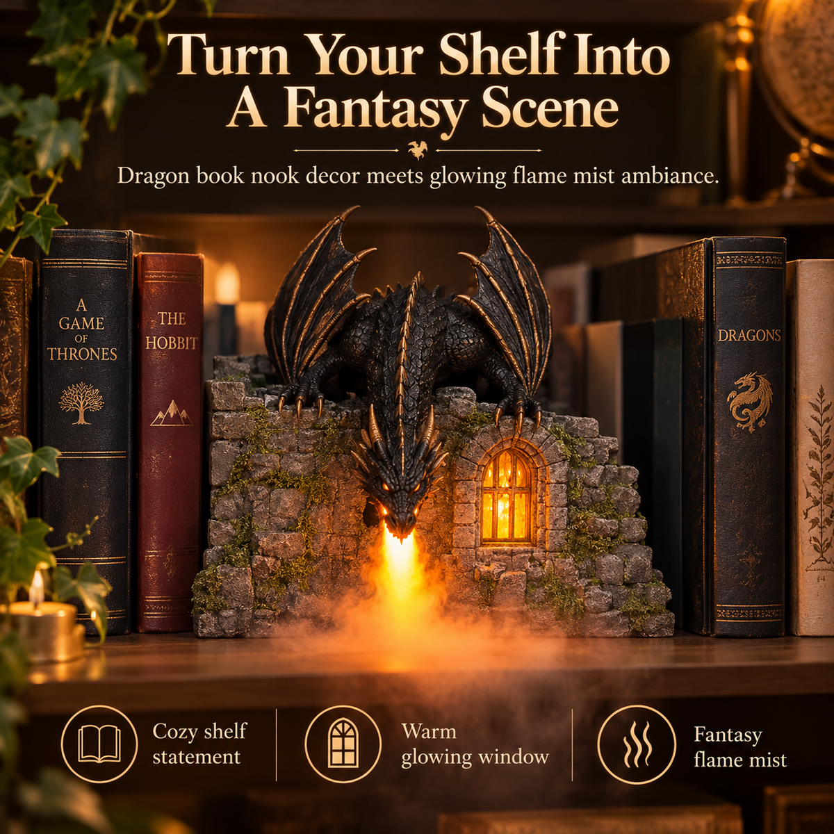 🐉🔥 Magical Fire-Breathing Dragon Book Nook ✨💨 LED Flame Mist Humidifier & Fantasy Castle Bookshelf Decor 📚🏰 Remote Control Dragon Diffuser 🎁 Unique Gift for Book Lovers