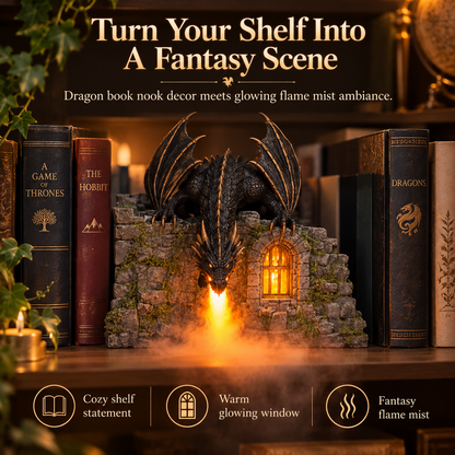 🐉🔥 Magical Fire-Breathing Dragon Book Nook ✨💨 LED Flame Mist Humidifier & Fantasy Castle Bookshelf Decor 📚🏰 Remote Control Dragon Diffuser 🎁 Unique Gift for Book Lovers