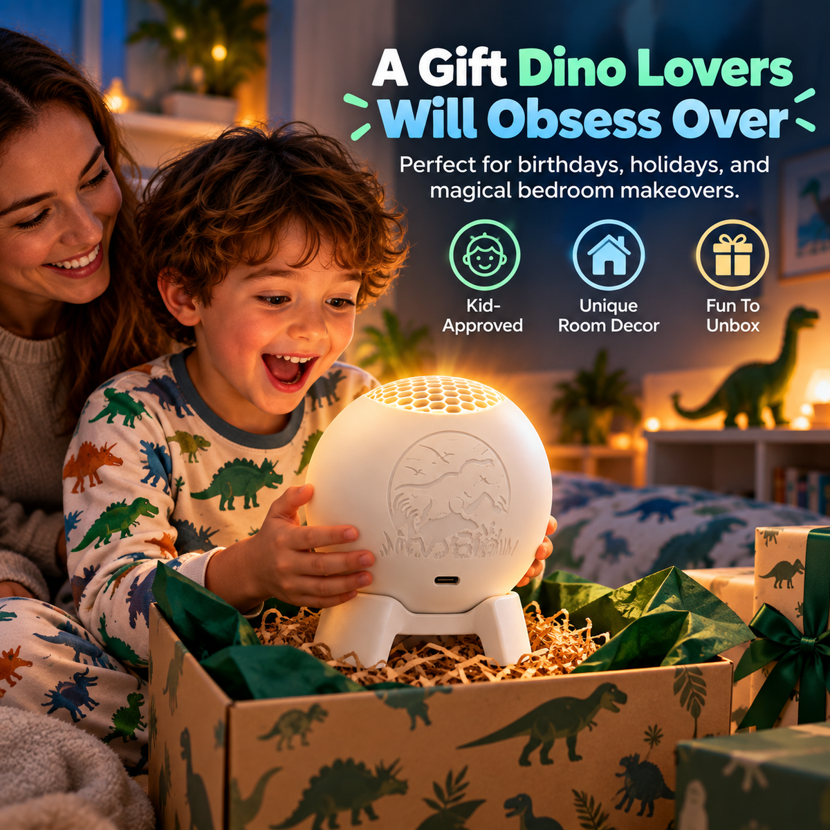 Child opening a dinosaur projector as a gift with a parent nearby