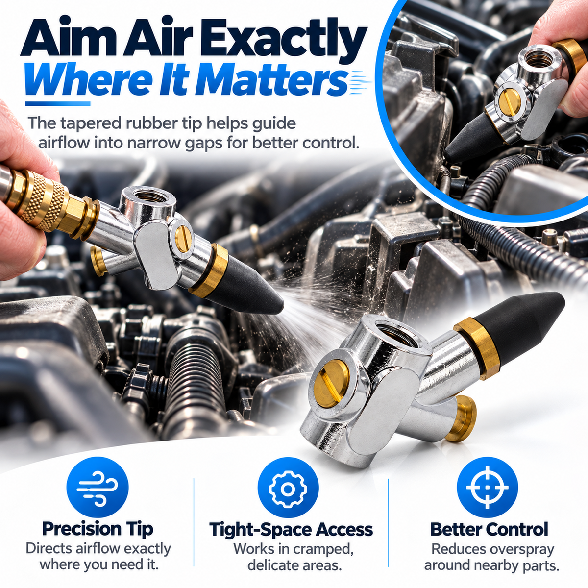 Tapered air nozzle directing compressed airflow into narrow engine compartment gaps