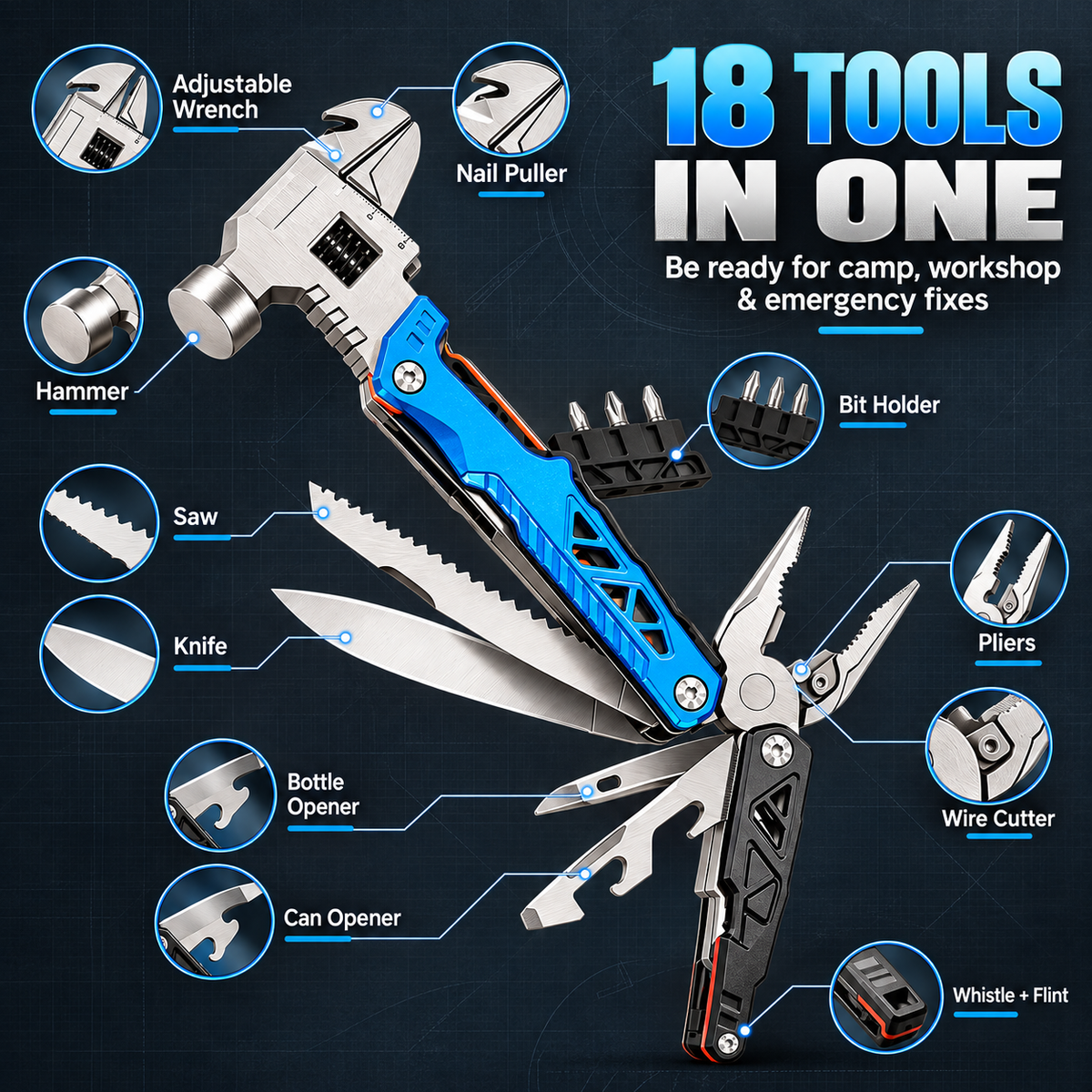 🔧18-in-1 Hammer Multitool – One Tool for Everyday Fixes & Outdoor Adventures