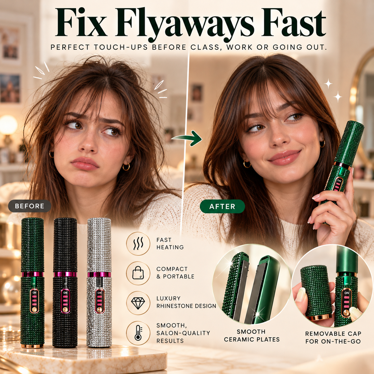 💎✨ Bling Rhinestone Mini Hair Straightener 💖🔥 Portable Hair Flat Iron for Bangs, Frizz & Quick Touch-Ups 🎀💇‍♀️ 7 Sparkling Colors