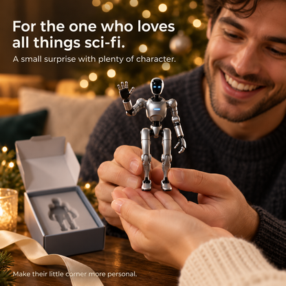 🤖✨ Mini Silver Robot Figure – Poseable Sci-Fi Collectible with Glowing Blue LED Eyes & Chest Light | Futuristic Desk Decor & Gift 🎁