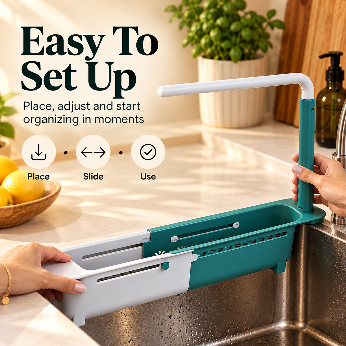 Hands setting up the adjustable over sink organizer by placing it sliding the width and positioning the rack