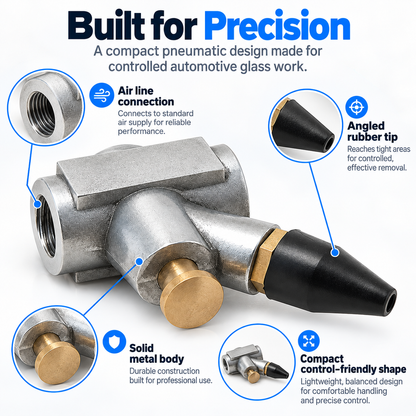 Annotated parts of pneumatic nozzle including metal body angled rubber tip and air connection