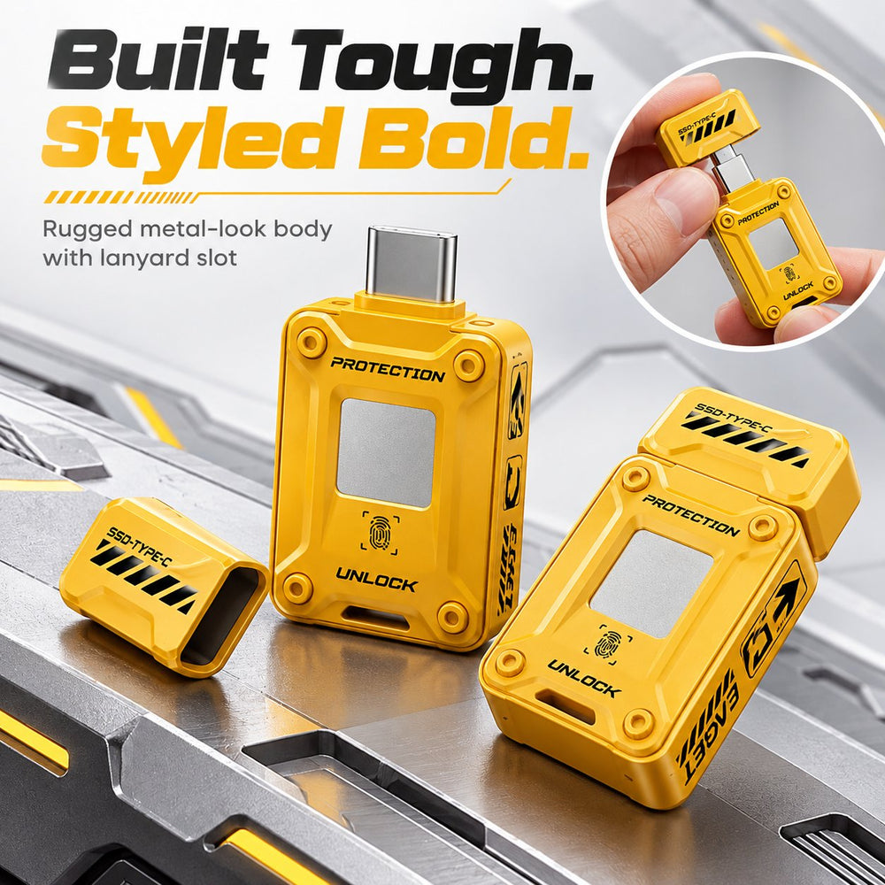 EAGET FU80 yellow zinc alloy flash drive shown from several angles, highlighting the casing and carrying hole