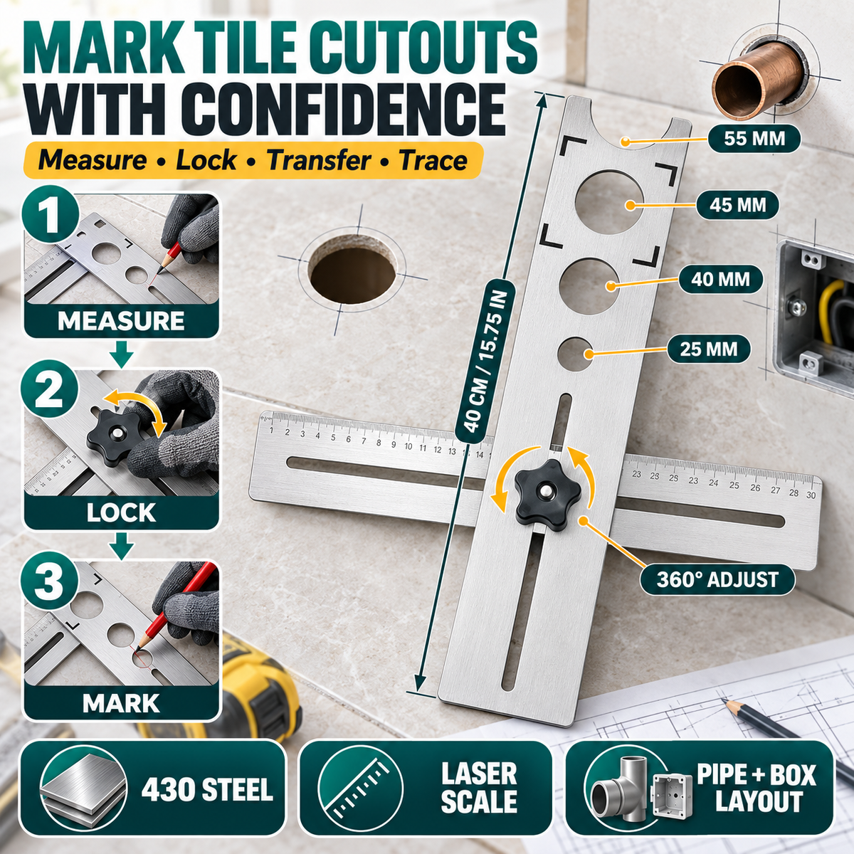 Adjustable stainless steel ruler for marking tile cutouts