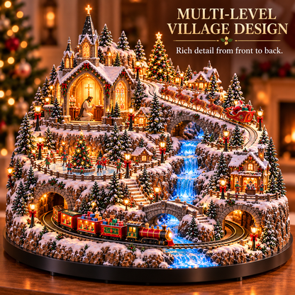 Illuminated miniature chapel and festive buildings in a snowy Christmas village