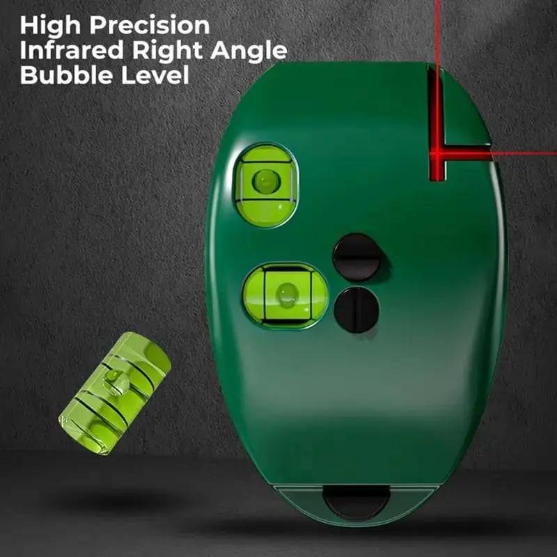 Green bubble laser level projecting a red horizontal and vertical right angle cross