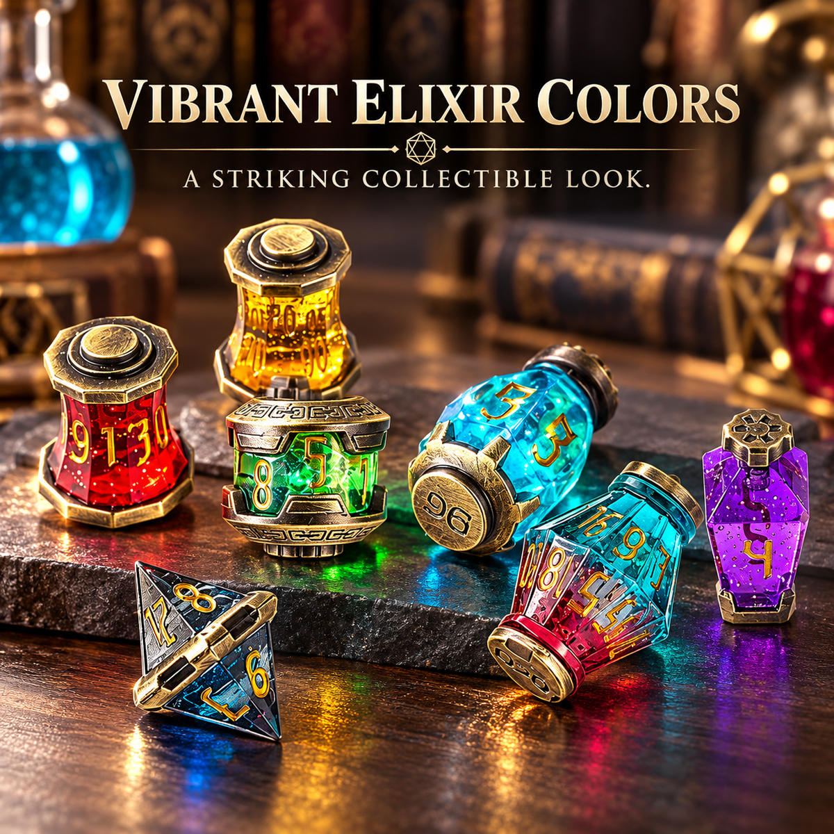 Seven colorful fantasy dice designed like glowing potion bottles