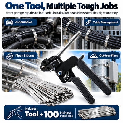 🔥 Heavy-Duty Stainless Steel Cable Tie Gun Kit 🔧💪 – Professional Metal Zip Tie Tensioning & Cutting Tool ✂️⚡ with 100 Self-Locking Stainless Steel Ties 🔩🚗 | Strong & Secure Fastening