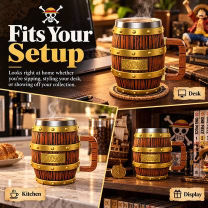 🪵Pirate Barrel Mug Set – Rustic Adventure-Inspired Mug with Lid & Coaster