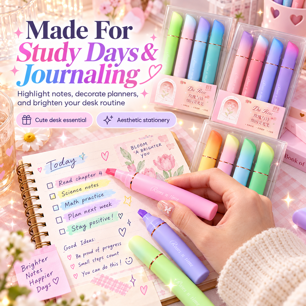✨🌈💖 Sparkly Pastel Highlighter Pens Set – 4-Piece Gradient Glitter Markers for Journaling, Study Notes & Planners 🖊️📚🎀💕