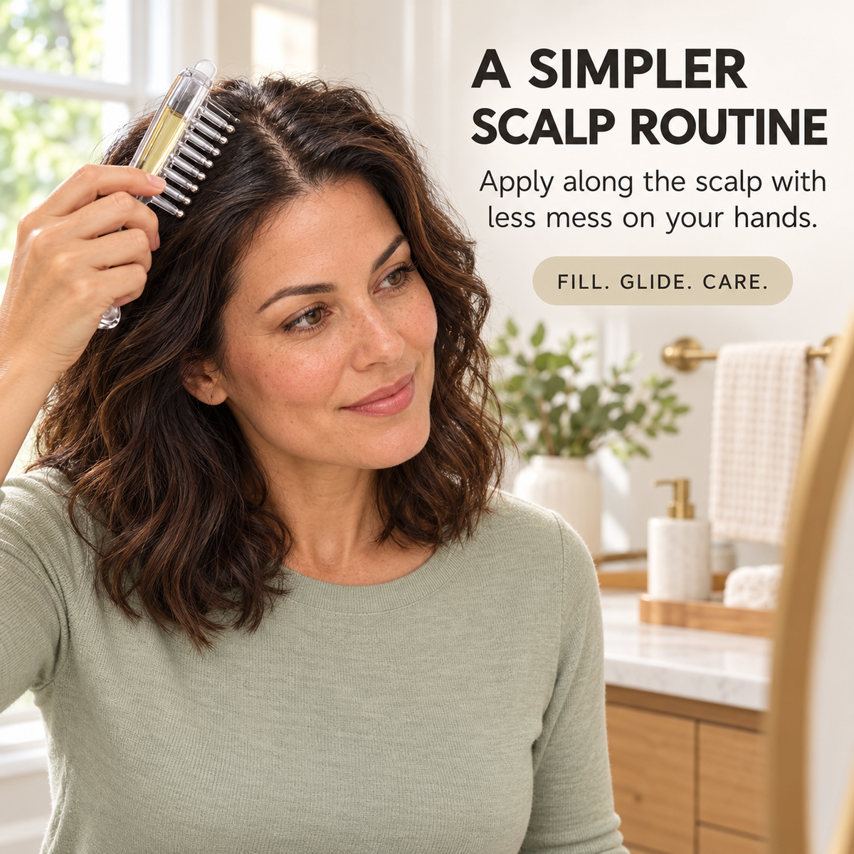 Woman applying scalp-care liquid along her parting with the applicator comb