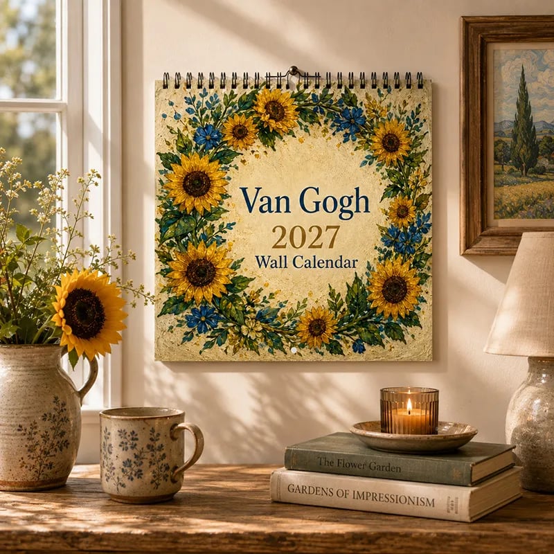 2027 gallery art wall calendar displayed in a warm home interior