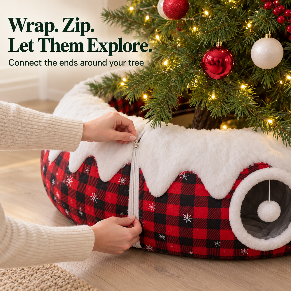 🎄🐱 Christmas Cat Tunnel & Tree Skirt – Cozy Plaid Hideaway with Hanging Pom-Pom | 2-in-1 Holiday Cat Play Tunnel ✨