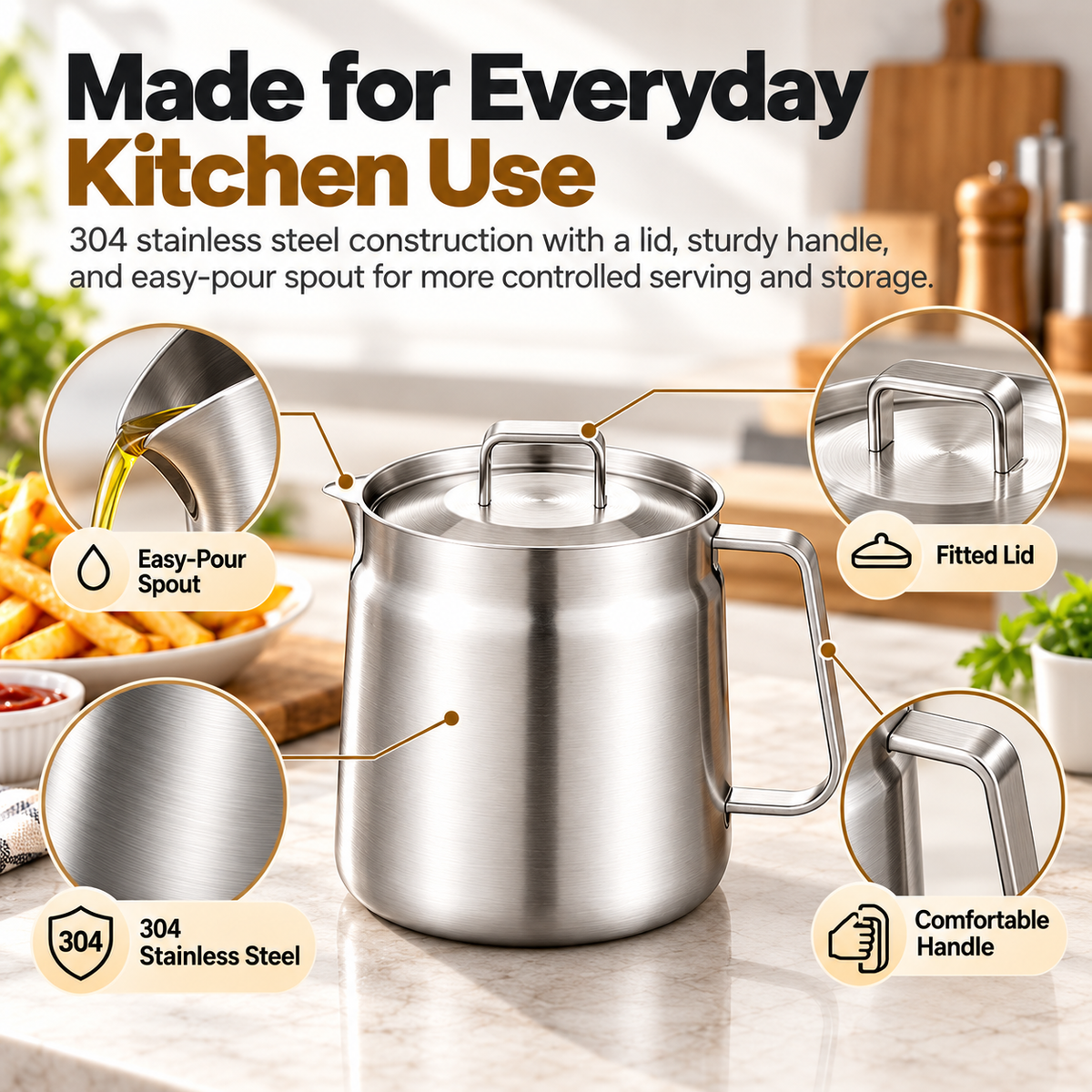 Detailed product diagram labeling metal oil pot, fitted lid, easy-pour spout and sturdy side handle