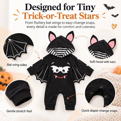 🦇 Baby Halloween Bat Wing Romper – Hooded One-Piece Costume, 5 Spooky-Cute Styles