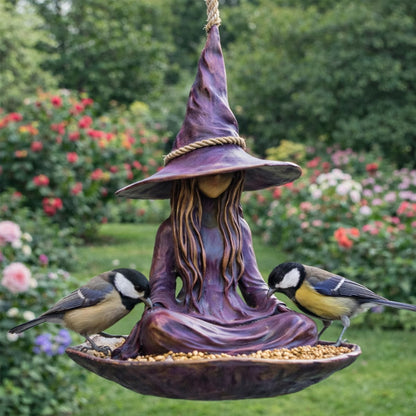 🧙 Enchanting Meditating Witch Bird Feeder | Magical Hanging Garden Decor
