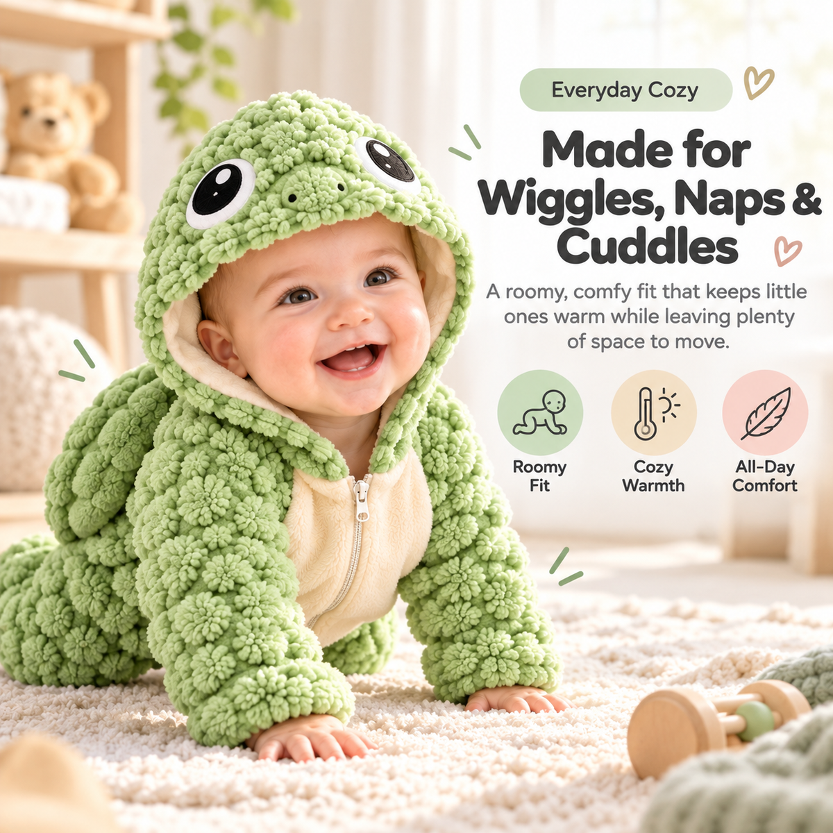 Cozy Baby Turtle Romper – Ultra-Soft Hooded Fleece Onesie with Padded Turtle Shell (0–24 Months)