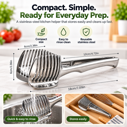 Stainless Steel Onion & Vegetable Slicing Guide – Easy-Grip Food Holder for Even Cuts